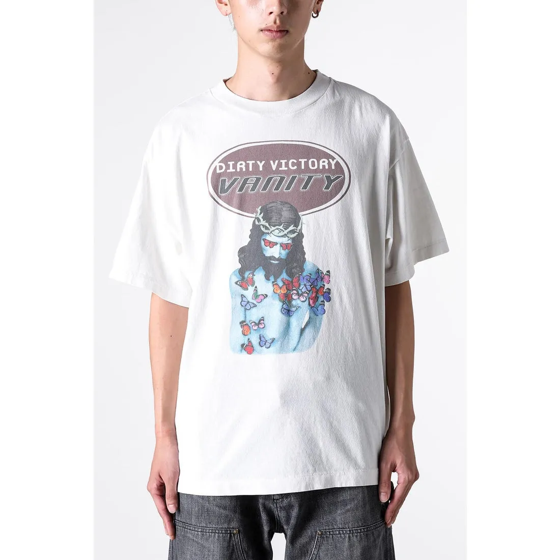 SAINT Mxxxxxx VANITY SS TEE/WHAT Jesus Butterfly Print Short Sleeve Off-White S-XL Cylindrical No Side Seam Fabric 220g High Weight OE Yarn ⚠️Note: It’s almost meaningless if it is not a cylindrical fabric Customized CPFM co-branded main mark/wash mark/little angel anti-counterfeiting label Original-level printing manufacturer Top purchasing level